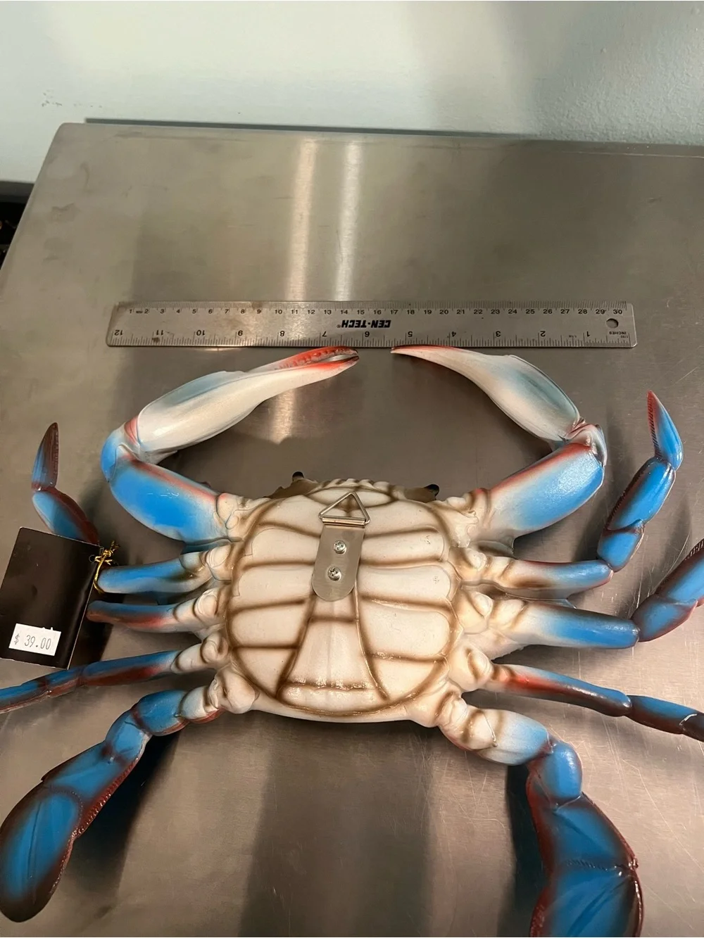 Lightweight Hard Plastic Handpainted Blue & White Crab Wall Plaque -